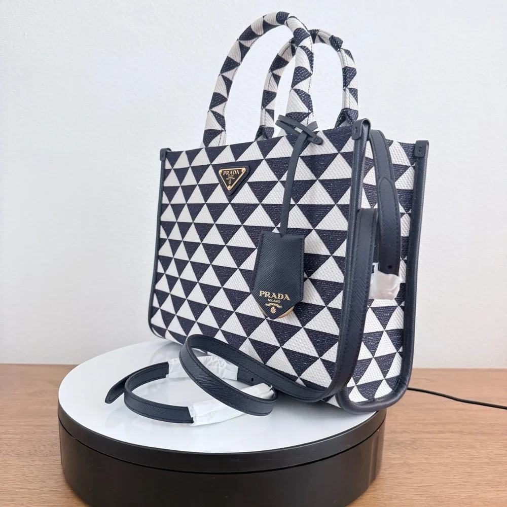 Prada Milano 1BA354 Symbole Jacquard Tote Blue White Triangle Pattern Bag Italy